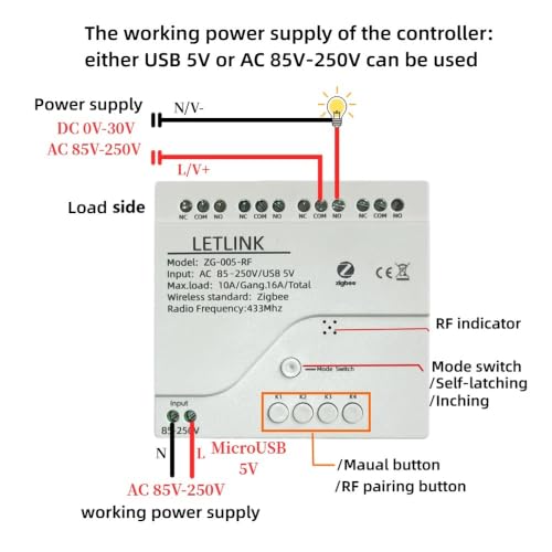 4 Channel Zigbee Smart Relay Switch,Smart Life/Tuya APP Remote Control,With Inching/Self-Lock/Interlock modle,Works with Tuya Zigbee Gateway (4CH Micro-Usb 5V/AC 110V)